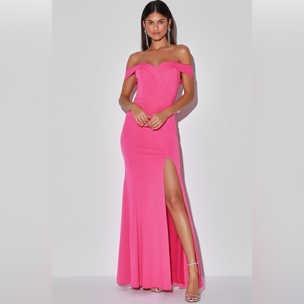 NWT Lulus hot pink off the shoulder maxi dress, gown, wedding guest, formal -Med